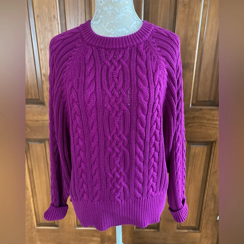 NWT Lauren Ralph Lauren dolman sleeves cable knit magenta pullover Large